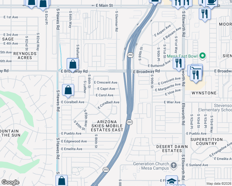 map of restaurants, bars, coffee shops, grocery stores, and more near 8751 East Carol Avenue in Mesa