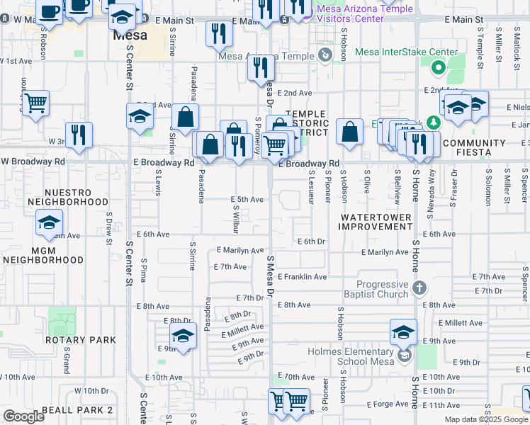map of restaurants, bars, coffee shops, grocery stores, and more near 528 South Mesa Drive in Mesa