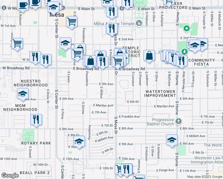 map of restaurants, bars, coffee shops, grocery stores, and more near 528 South Mesa Drive in Mesa