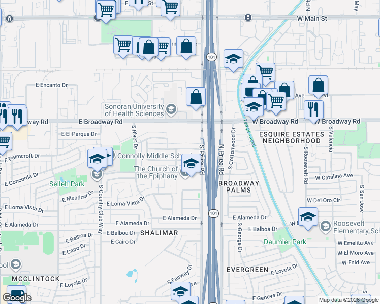 map of restaurants, bars, coffee shops, grocery stores, and more near 2180 East Broadmor Drive in Tempe