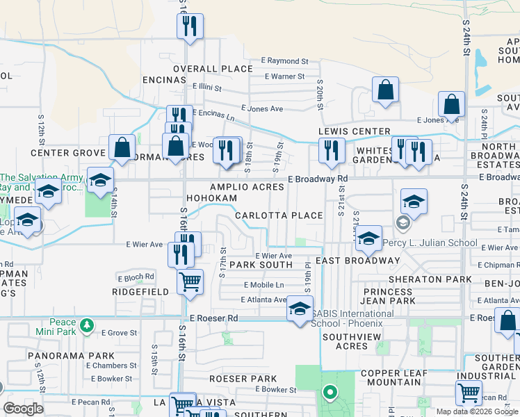 map of restaurants, bars, coffee shops, grocery stores, and more near 4440 South 18th Place in Phoenix