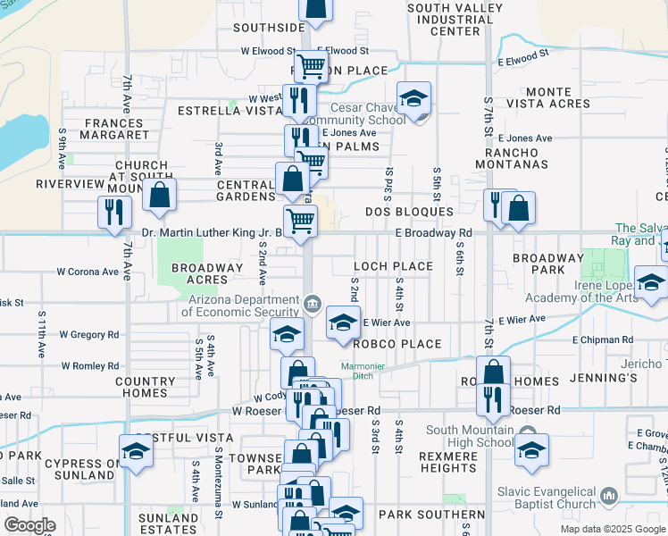 map of restaurants, bars, coffee shops, grocery stores, and more near 4501 South Central Avenue in Phoenix