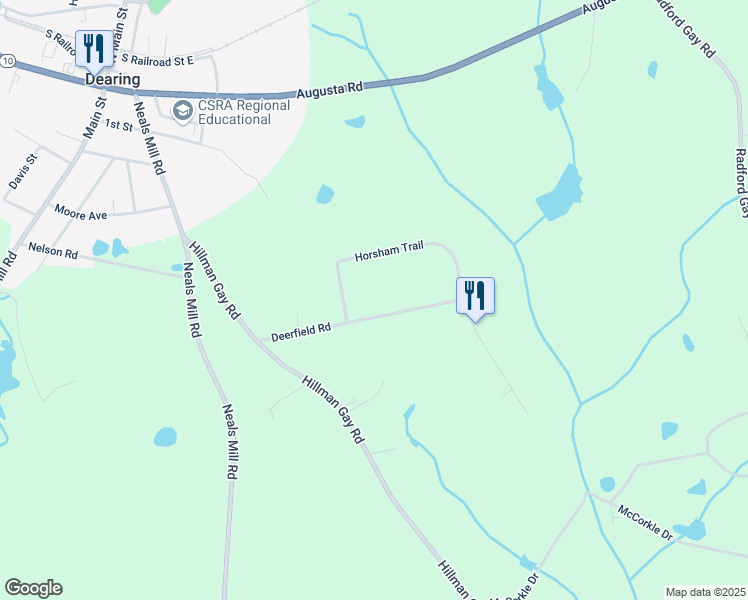 map of restaurants, bars, coffee shops, grocery stores, and more near 3445 Deerfield Road in Dearing