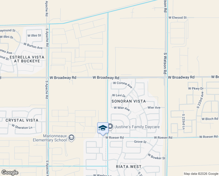 map of restaurants, bars, coffee shops, grocery stores, and more near 4552 South 238th Lane in Buckeye