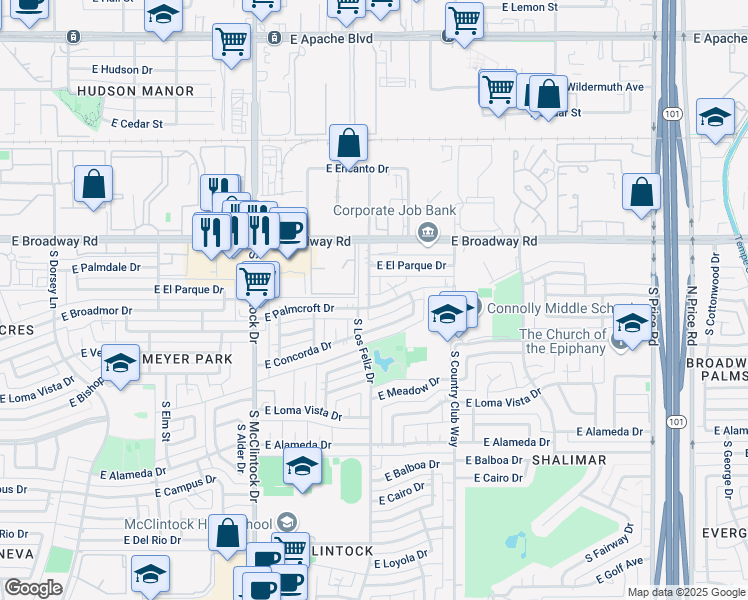map of restaurants, bars, coffee shops, grocery stores, and more near 2144 South Los Feliz Drive in Tempe