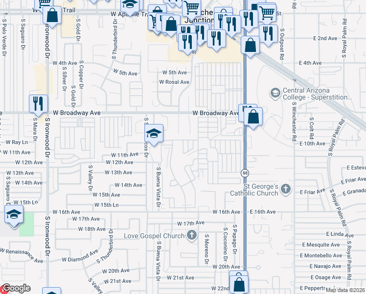 map of restaurants, bars, coffee shops, grocery stores, and more near 1000 South Idaho Road in Apache Junction