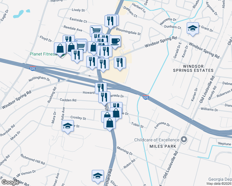 map of restaurants, bars, coffee shops, grocery stores, and more near 2010 Canada Drive in Augusta