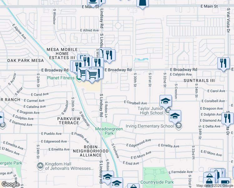 map of restaurants, bars, coffee shops, grocery stores, and more near 2845 East Concho Avenue in Mesa
