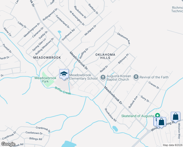 map of restaurants, bars, coffee shops, grocery stores, and more near 2734 Meadowbrook Drive in Augusta