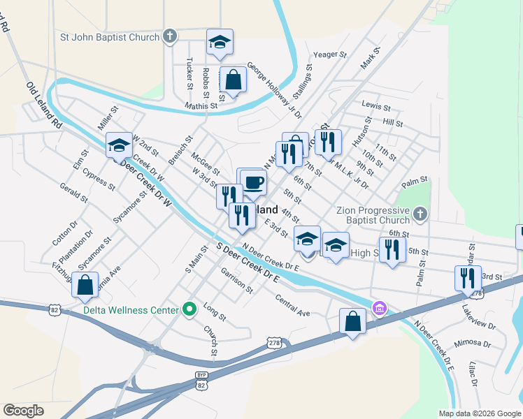 map of restaurants, bars, coffee shops, grocery stores, and more near in Leland