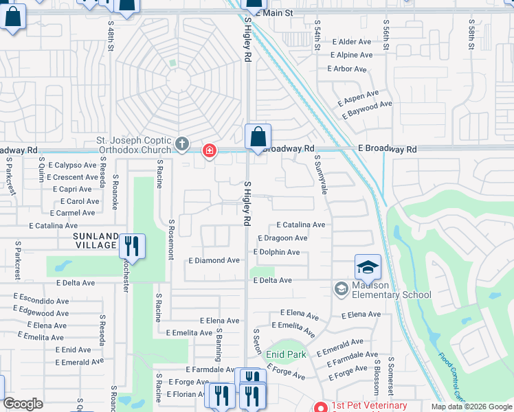 map of restaurants, bars, coffee shops, grocery stores, and more near 551 South Higley Road in Mesa