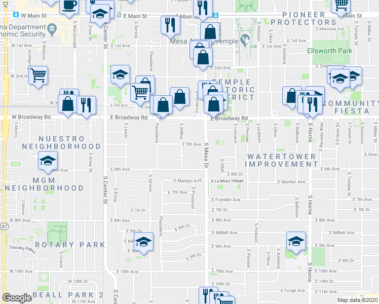 map of restaurants, bars, coffee shops, grocery stores, and more near 305 East Vine Circle in Mesa