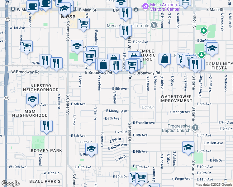 map of restaurants, bars, coffee shops, grocery stores, and more near 305 East Vine Circle in Mesa