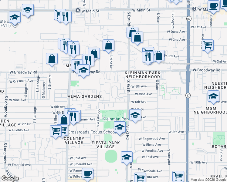 map of restaurants, bars, coffee shops, grocery stores, and more near 510 South Extension Road in Mesa