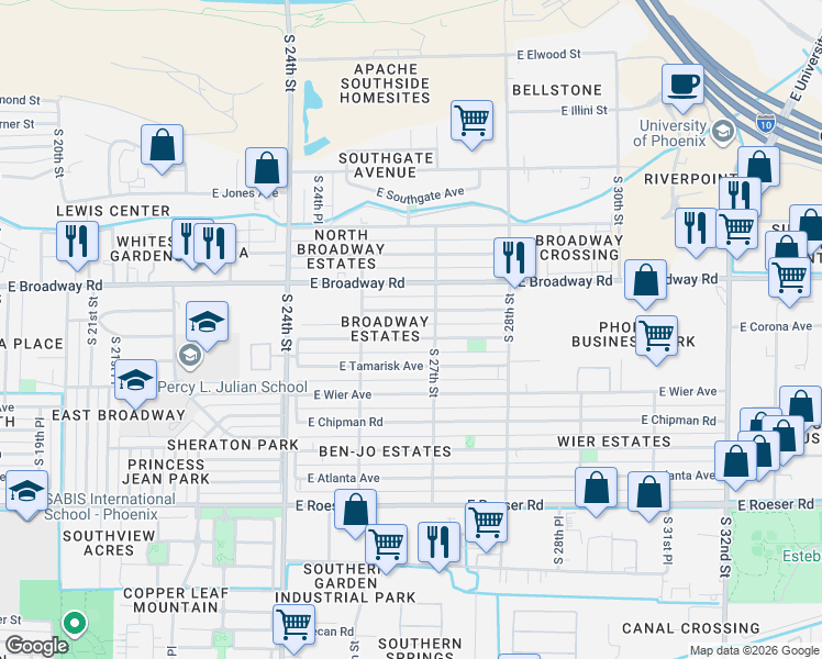 map of restaurants, bars, coffee shops, grocery stores, and more near 2553 East Marguerite Avenue in Phoenix