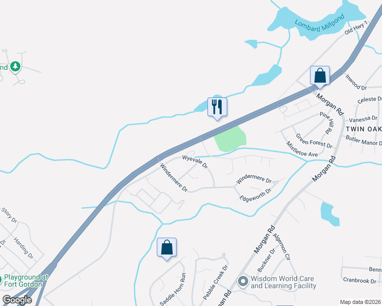 map of restaurants, bars, coffee shops, grocery stores, and more near 3521 Wyevale Drive in Hephzibah