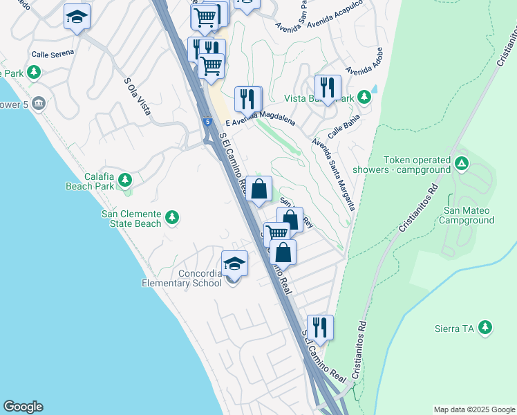 map of restaurants, bars, coffee shops, grocery stores, and more near 2739 South El Camino Real in San Clemente