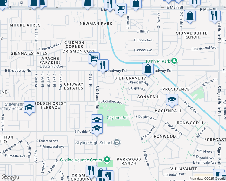 map of restaurants, bars, coffee shops, grocery stores, and more near 10054 East Carmel Avenue in Mesa