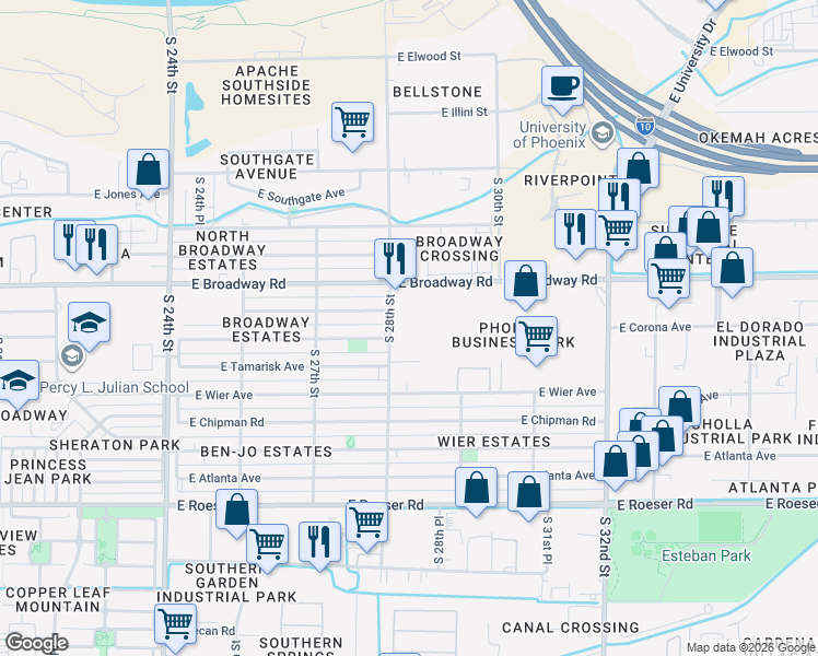 map of restaurants, bars, coffee shops, grocery stores, and more near 4415 South 28th Street in Phoenix