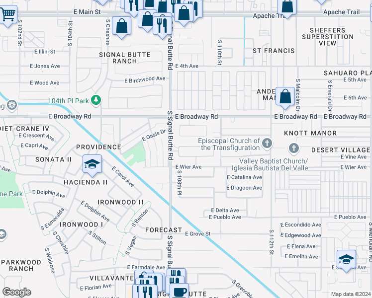 map of restaurants, bars, coffee shops, grocery stores, and more near 10843 East Clovis Avenue in Mesa