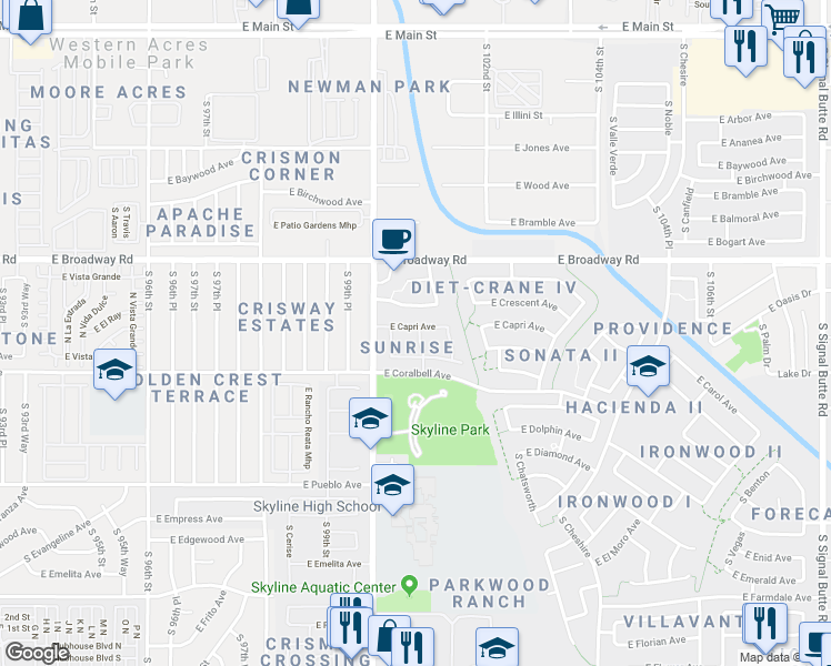 map of restaurants, bars, coffee shops, grocery stores, and more near 10053 East Capri Avenue in Mesa