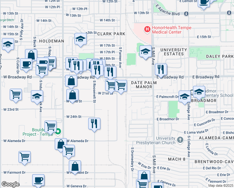 map of restaurants, bars, coffee shops, grocery stores, and more near 2100 South Wilson Street in Tempe