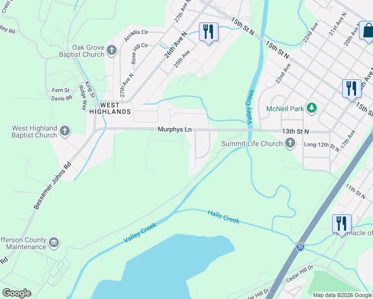 map of restaurants, bars, coffee shops, grocery stores, and more near 132 Greenridge Road in Hueytown