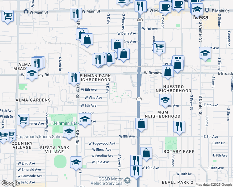 map of restaurants, bars, coffee shops, grocery stores, and more near 33 South Date in Mesa