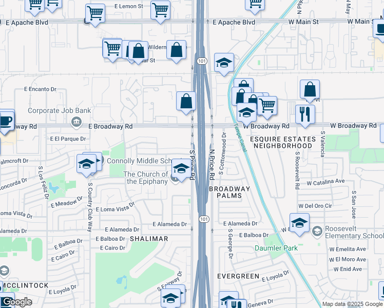 map of restaurants, bars, coffee shops, grocery stores, and more near 2198 South Price Road in Tempe