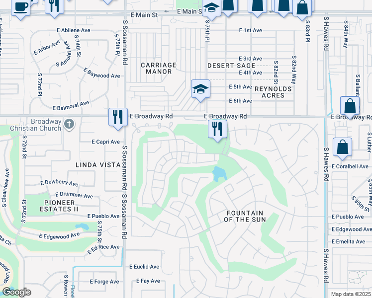 map of restaurants, bars, coffee shops, grocery stores, and more near 7843 East Fountain Cove in Mesa
