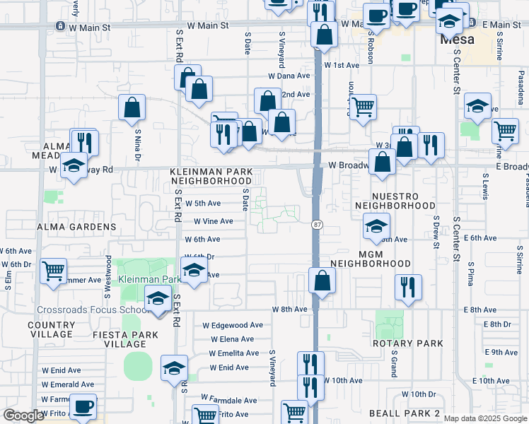 map of restaurants, bars, coffee shops, grocery stores, and more near 33 South Date in Mesa