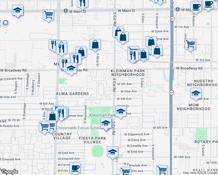 map of restaurants, bars, coffee shops, grocery stores, and more near 543 South Extension Road in Mesa