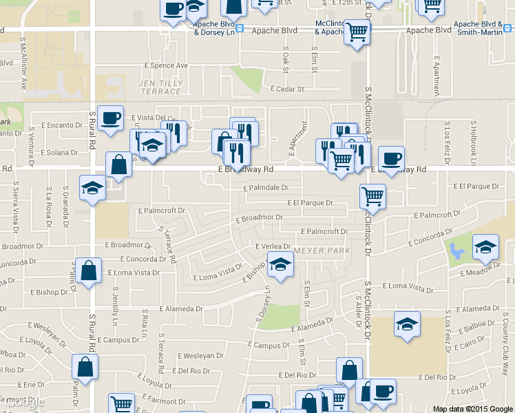 map of restaurants, bars, coffee shops, grocery stores, and more near 1328 East Broadmor Drive in Tempe