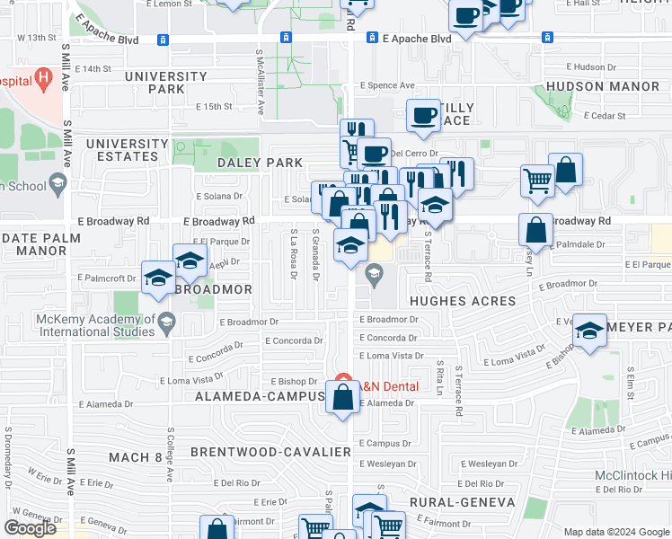 map of restaurants, bars, coffee shops, grocery stores, and more near 810 East Redondo Drive in Tempe