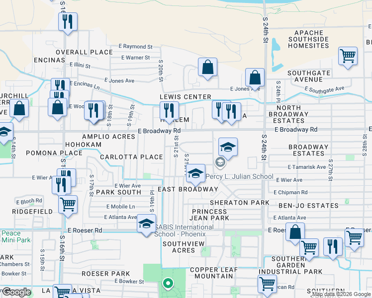 map of restaurants, bars, coffee shops, grocery stores, and more near 4602 South 21st Place in Phoenix