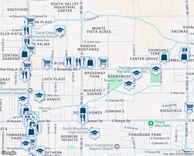 map of restaurants, bars, coffee shops, grocery stores, and more near 4601 South 8th Street in Phoenix