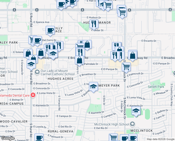 map of restaurants, bars, coffee shops, grocery stores, and more near 1328 East Broadmor Drive in Tempe