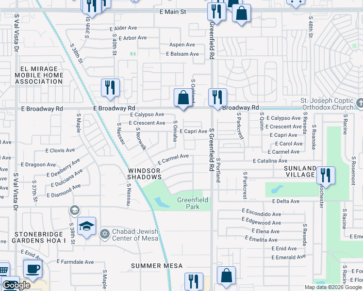 map of restaurants, bars, coffee shops, grocery stores, and more near 4222 East Carmel Avenue in Mesa