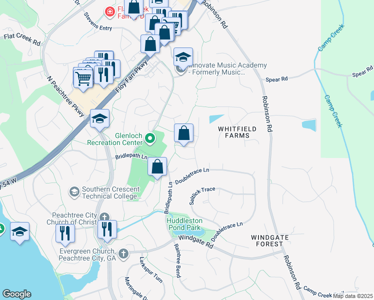 map of restaurants, bars, coffee shops, grocery stores, and more near 103 Blue Grass Trce in Peachtree City