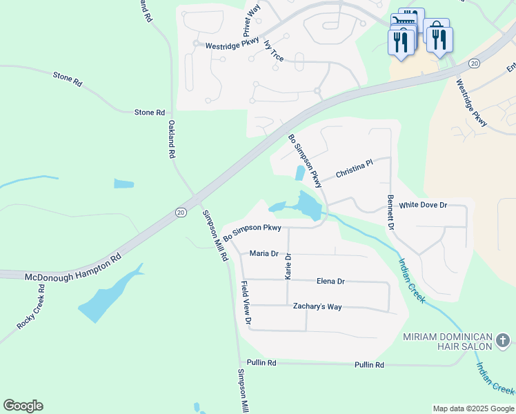 map of restaurants, bars, coffee shops, grocery stores, and more near 206 Bo Simpson Parkway in McDonough