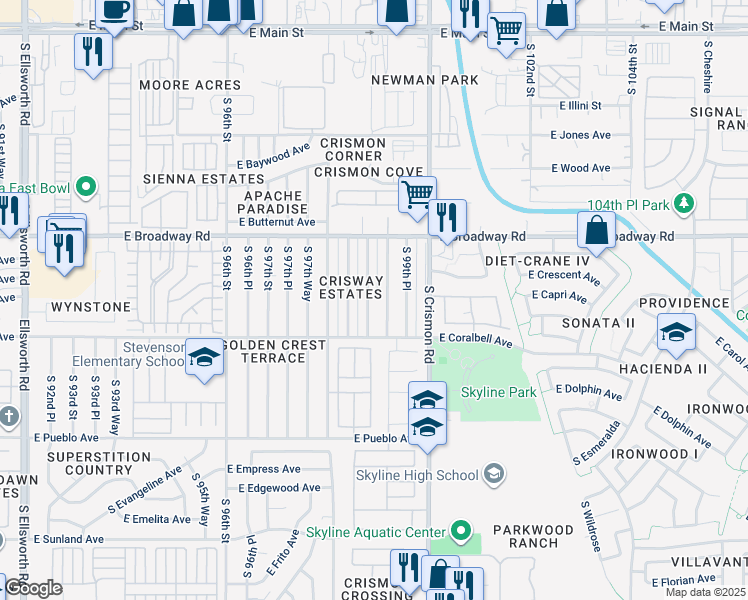 map of restaurants, bars, coffee shops, grocery stores, and more near 525 South 98th Way in Mesa
