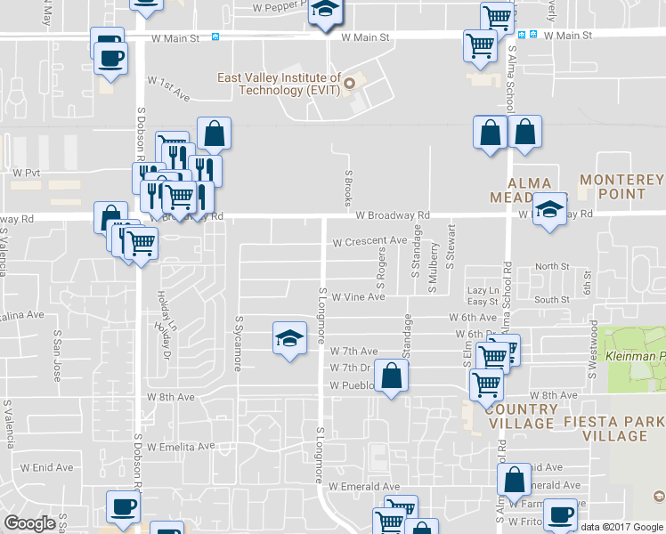 map of restaurants, bars, coffee shops, grocery stores, and more near 1553 West Capri Avenue in Mesa