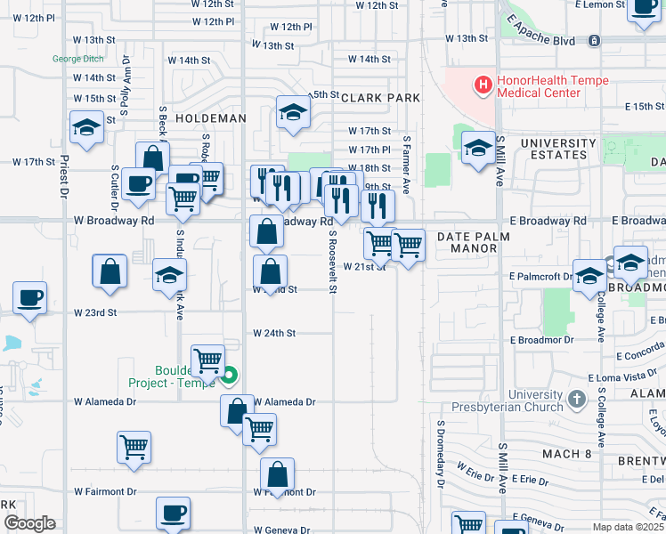 map of restaurants, bars, coffee shops, grocery stores, and more near 2100 South Roosevelt Street in Tempe