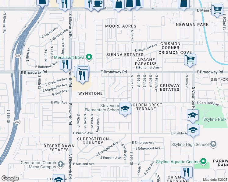 map of restaurants, bars, coffee shops, grocery stores, and more near 9501 East Broadway Road in Mesa
