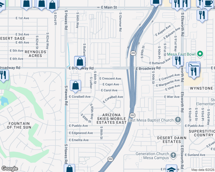 map of restaurants, bars, coffee shops, grocery stores, and more near 8649 East Capri Avenue in Mesa