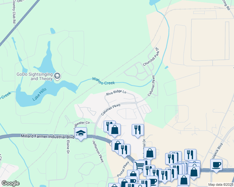 map of restaurants, bars, coffee shops, grocery stores, and more near 86 Riva Ridge Lane in Newnan