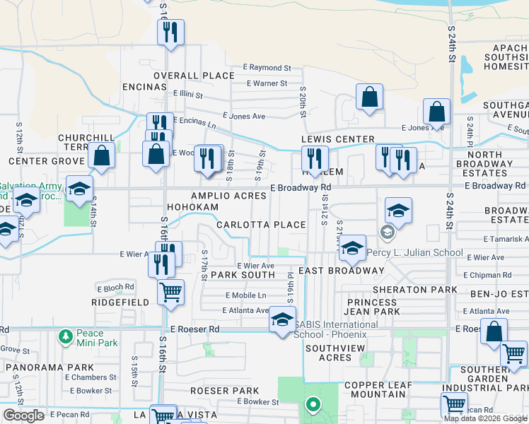 map of restaurants, bars, coffee shops, grocery stores, and more near 4502 South 19th Street in Phoenix