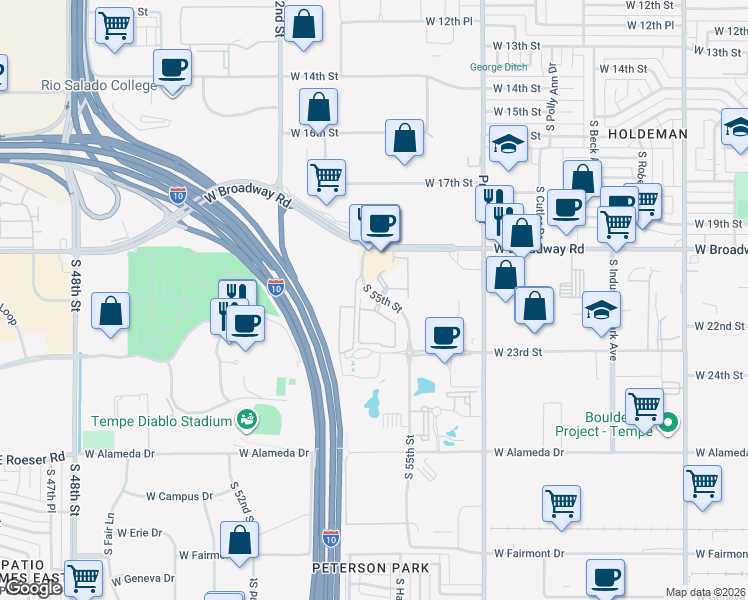 map of restaurants, bars, coffee shops, grocery stores, and more near 2155 South 55th Street in Tempe