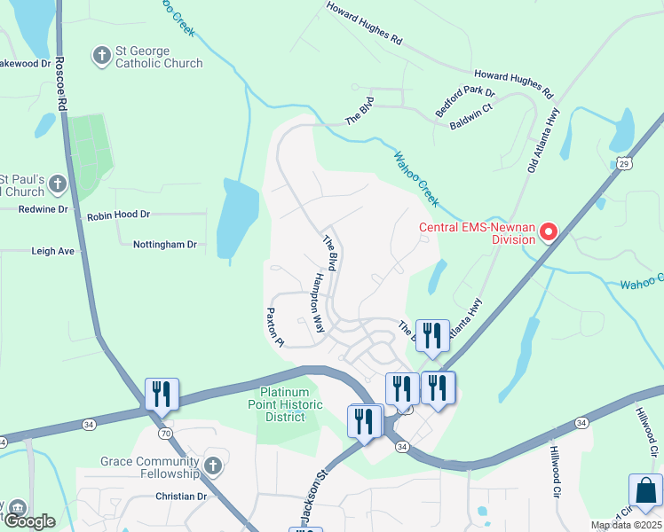 map of restaurants, bars, coffee shops, grocery stores, and more near 229 The Boulevard in Newnan