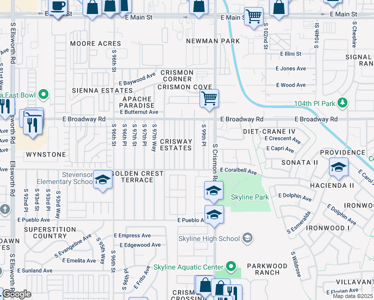 map of restaurants, bars, coffee shops, grocery stores, and more near 525 South 98th Way in Mesa
